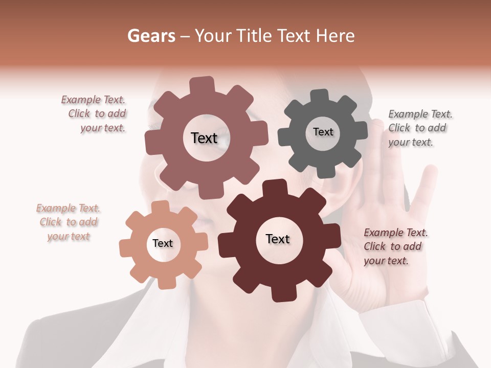 A Woman In A Business Suit Is Holding Her Hand Up To Her Ear PowerPoint Template