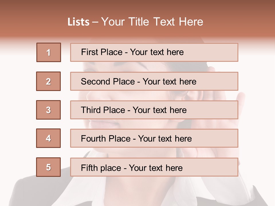 A Woman In A Business Suit Is Holding Her Hand Up To Her Ear PowerPoint Template