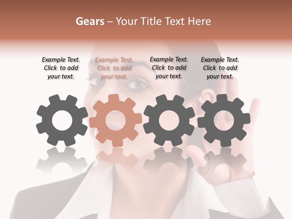 A Woman In A Business Suit Is Holding Her Hand Up To Her Ear PowerPoint Template