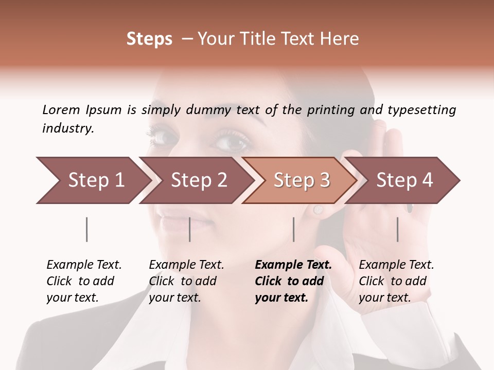 A Woman In A Business Suit Is Holding Her Hand Up To Her Ear PowerPoint Template