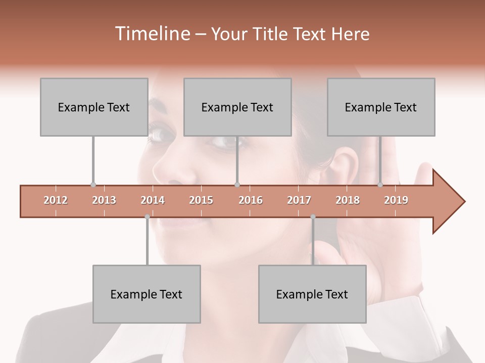 A Woman In A Business Suit Is Holding Her Hand Up To Her Ear PowerPoint Template