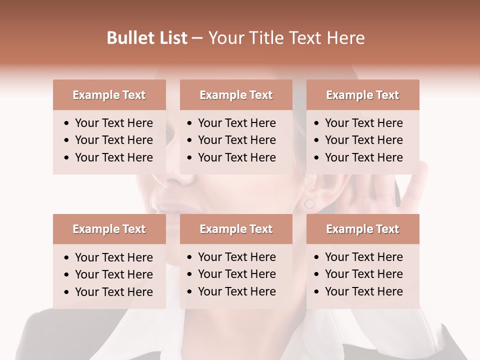 A Woman In A Business Suit Is Holding Her Hand Up To Her Ear PowerPoint Template