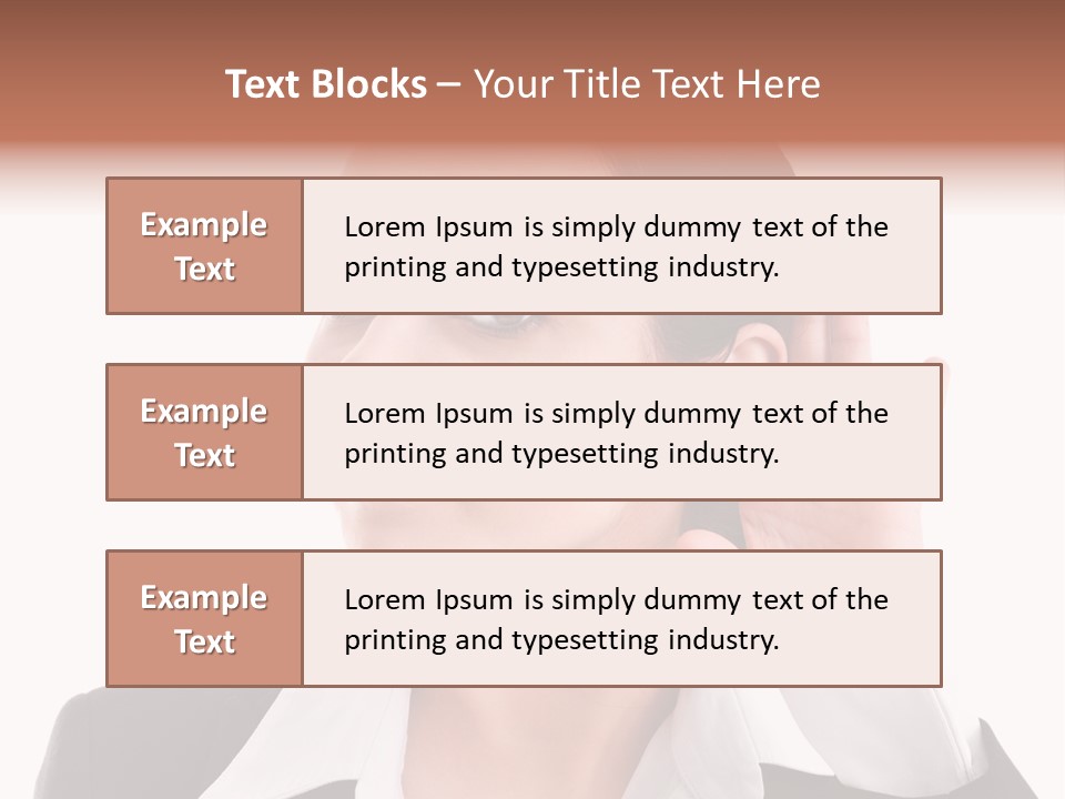A Woman In A Business Suit Is Holding Her Hand Up To Her Ear PowerPoint Template