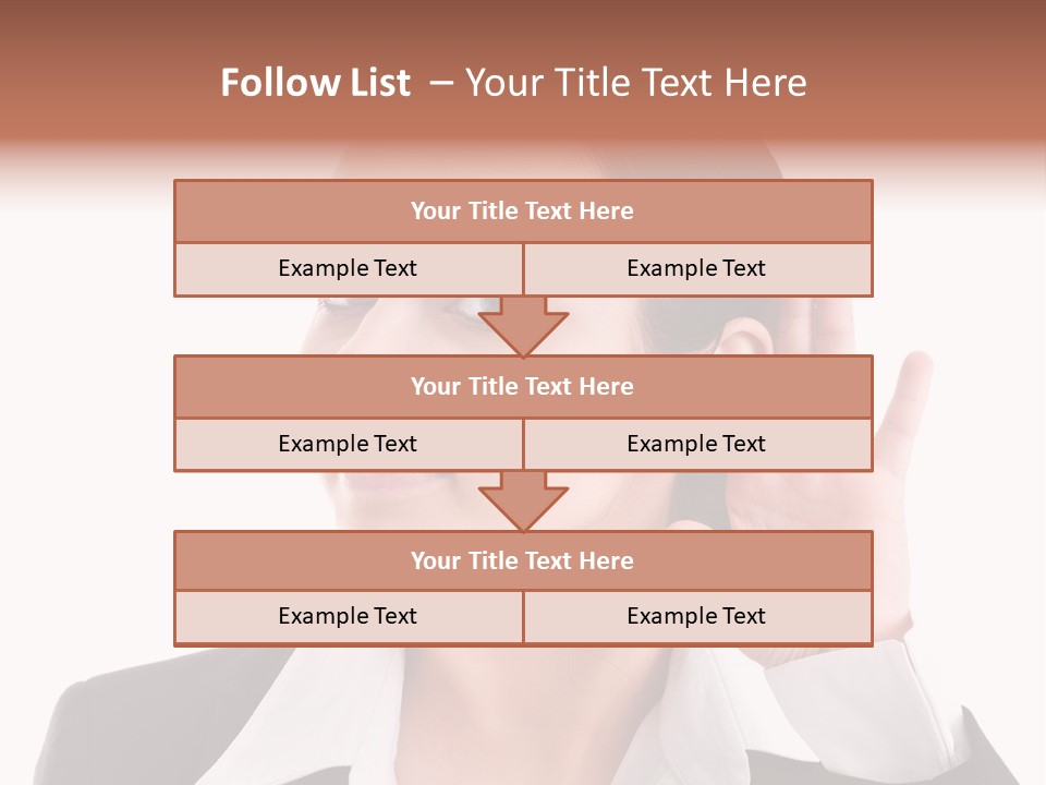 A Woman In A Business Suit Is Holding Her Hand Up To Her Ear PowerPoint Template