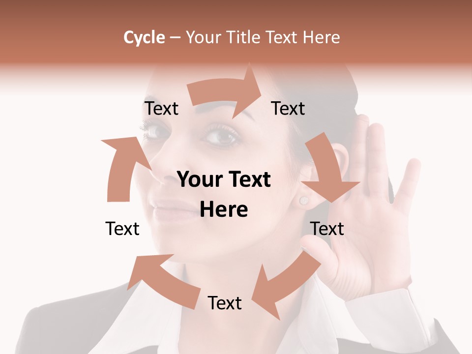 A Woman In A Business Suit Is Holding Her Hand Up To Her Ear PowerPoint Template