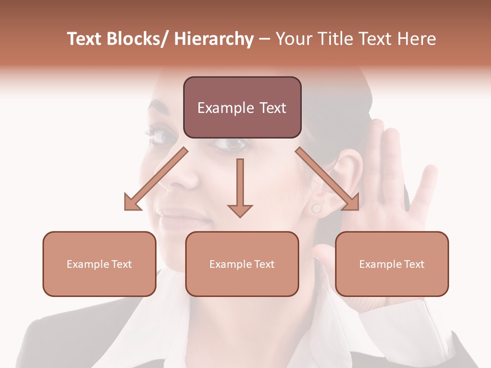 A Woman In A Business Suit Is Holding Her Hand Up To Her Ear PowerPoint Template