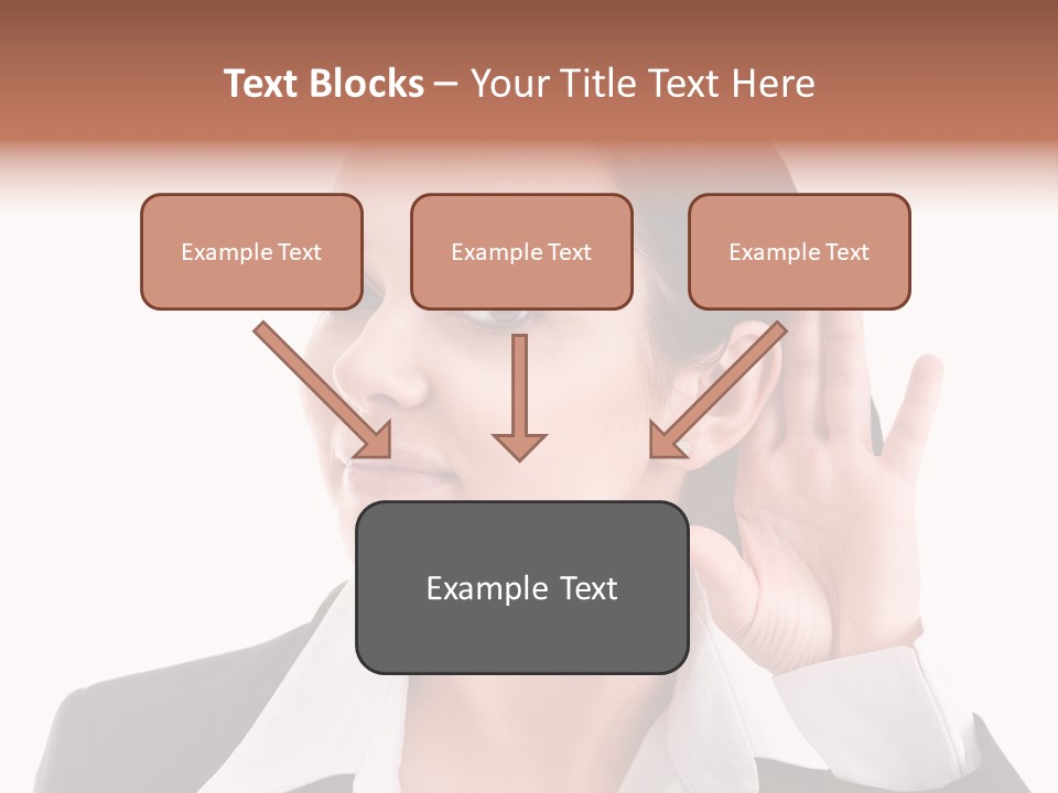 A Woman In A Business Suit Is Holding Her Hand Up To Her Ear PowerPoint Template