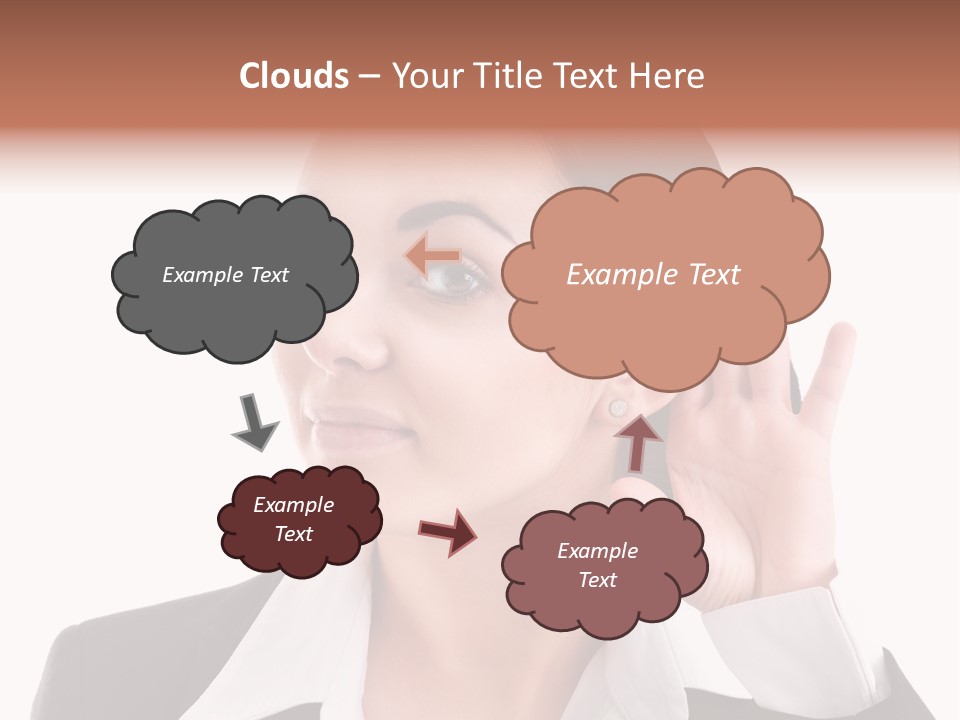 A Woman In A Business Suit Is Holding Her Hand Up To Her Ear PowerPoint Template