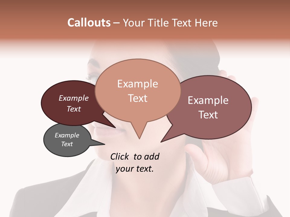 A Woman In A Business Suit Is Holding Her Hand Up To Her Ear PowerPoint Template