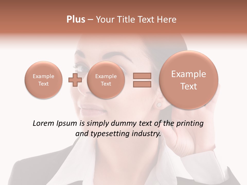 A Woman In A Business Suit Is Holding Her Hand Up To Her Ear PowerPoint Template