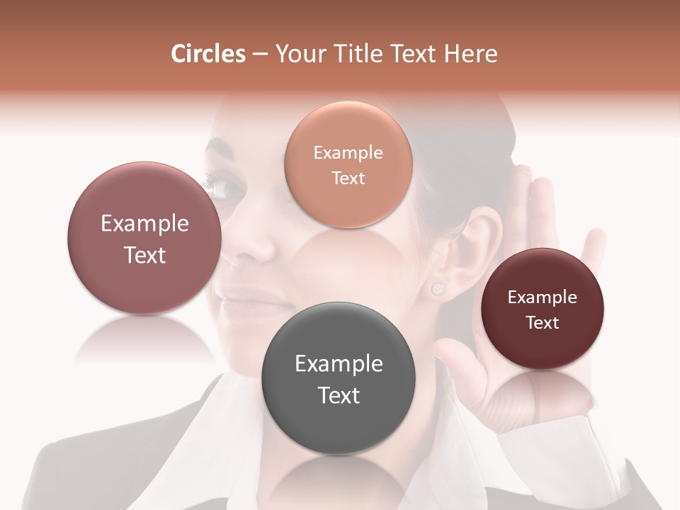 A Woman In A Business Suit Is Holding Her Hand Up To Her Ear PowerPoint Template