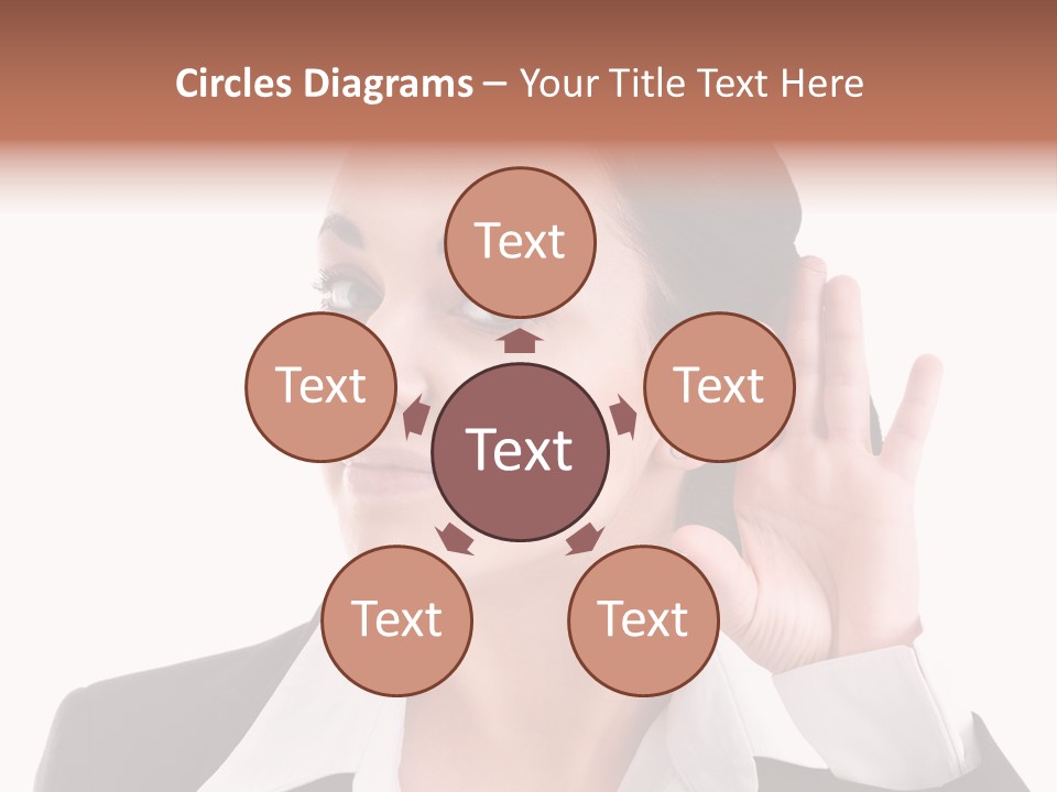 A Woman In A Business Suit Is Holding Her Hand Up To Her Ear PowerPoint Template