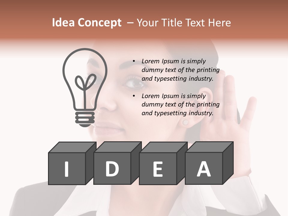 A Woman In A Business Suit Is Holding Her Hand Up To Her Ear PowerPoint Template