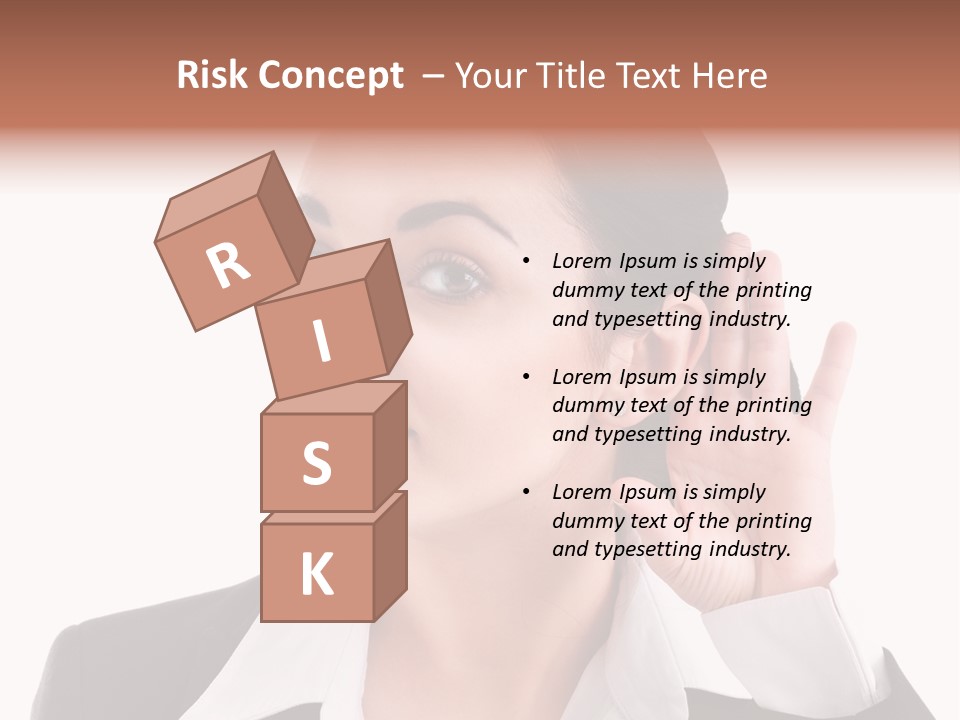 A Woman In A Business Suit Is Holding Her Hand Up To Her Ear PowerPoint Template