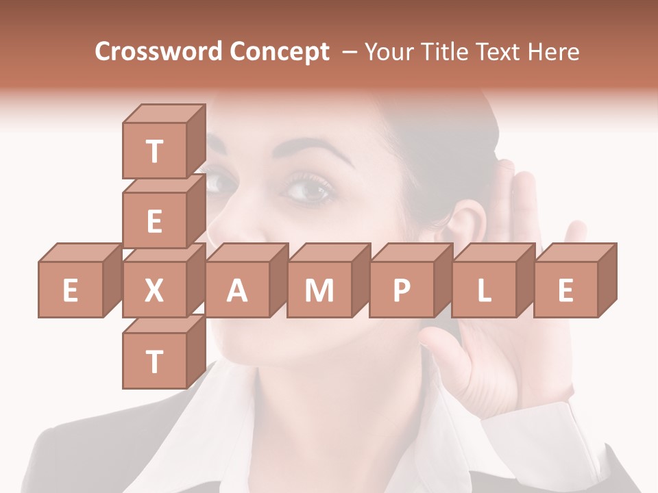 A Woman In A Business Suit Is Holding Her Hand Up To Her Ear PowerPoint Template