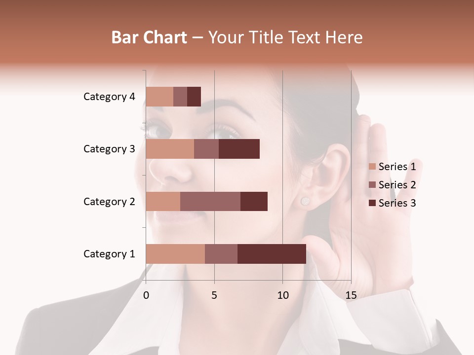 A Woman In A Business Suit Is Holding Her Hand Up To Her Ear PowerPoint Template