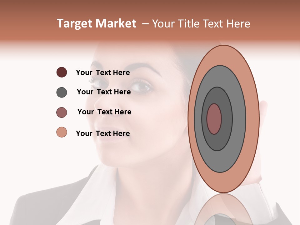 A Woman In A Business Suit Is Holding Her Hand Up To Her Ear PowerPoint Template