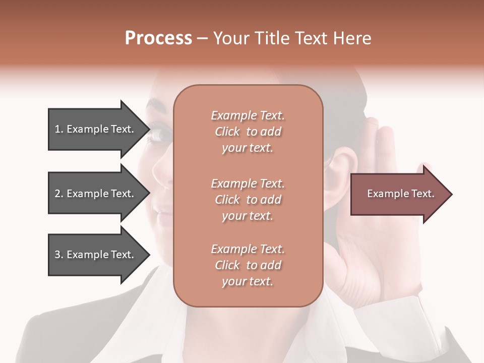 A Woman In A Business Suit Is Holding Her Hand Up To Her Ear PowerPoint Template
