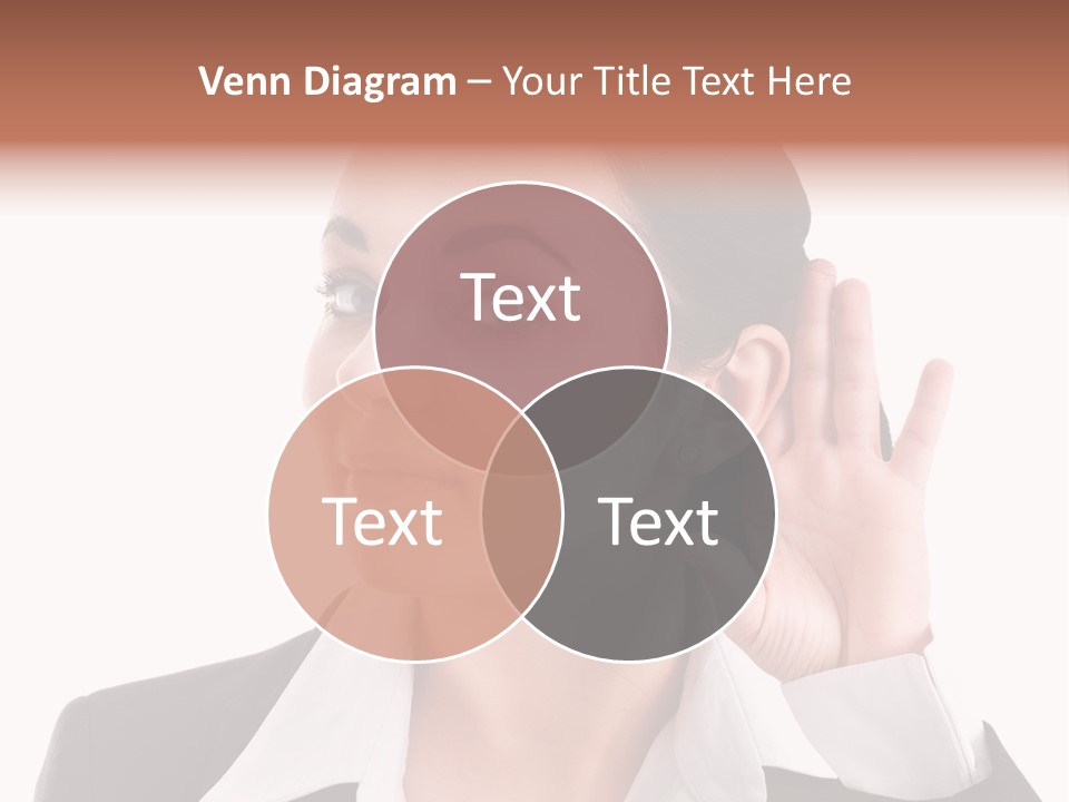 A Woman In A Business Suit Is Holding Her Hand Up To Her Ear PowerPoint Template