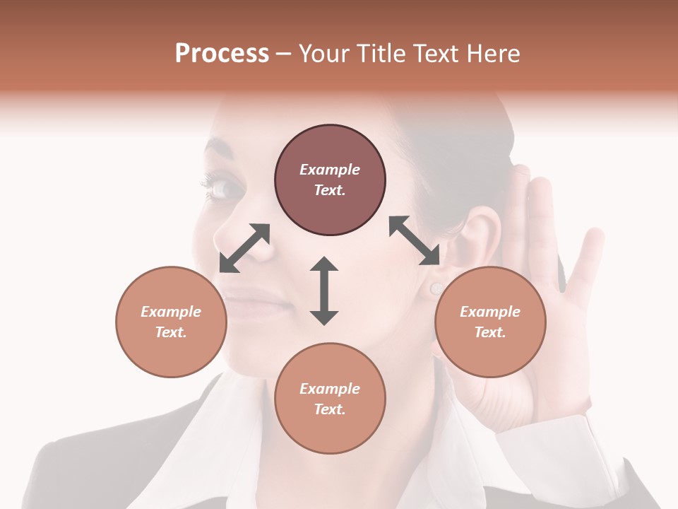 A Woman In A Business Suit Is Holding Her Hand Up To Her Ear PowerPoint Template