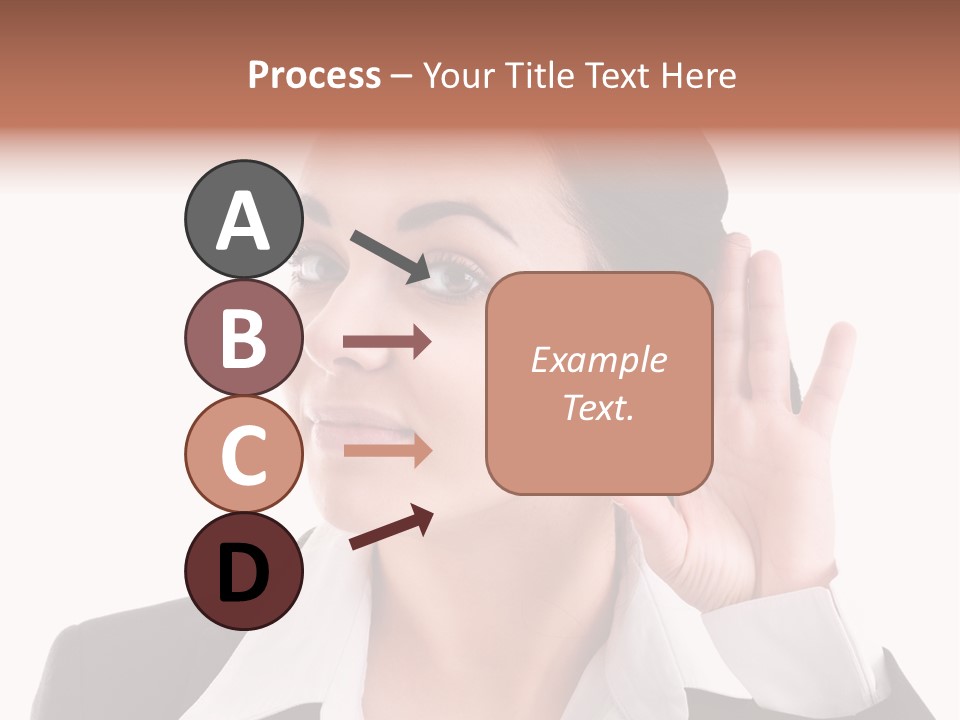 A Woman In A Business Suit Is Holding Her Hand Up To Her Ear PowerPoint Template