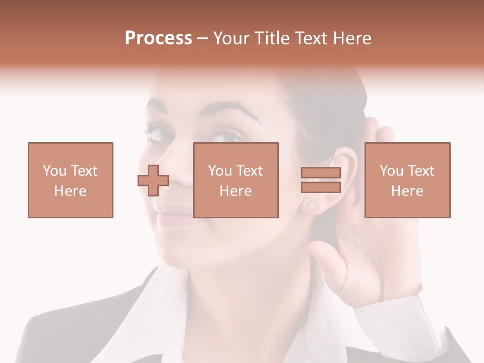 A Woman In A Business Suit Is Holding Her Hand Up To Her Ear PowerPoint Template