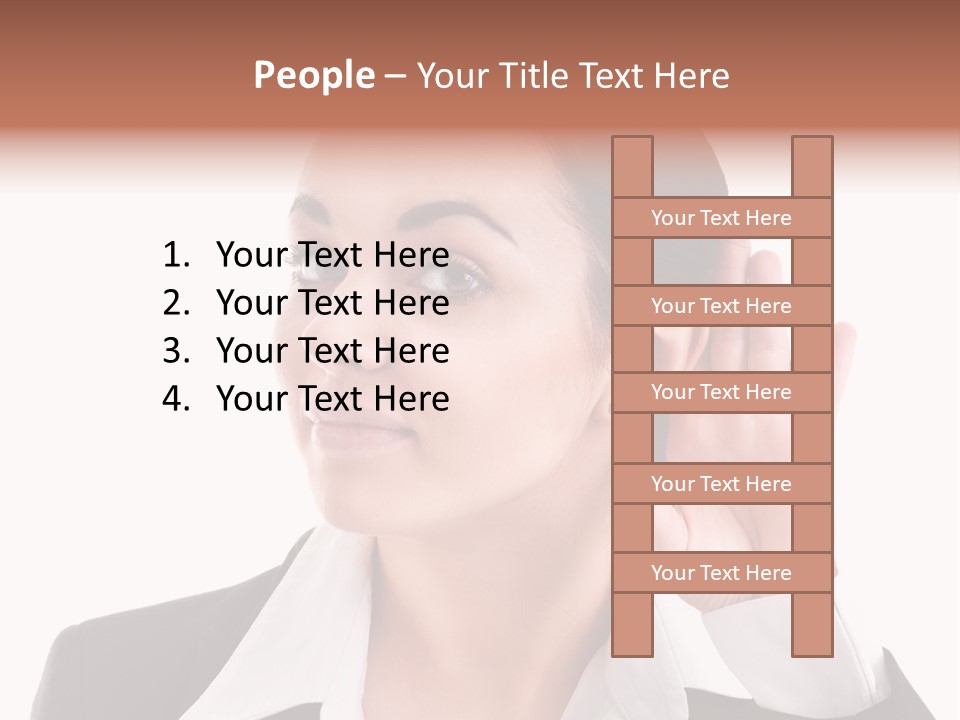 A Woman In A Business Suit Is Holding Her Hand Up To Her Ear PowerPoint Template