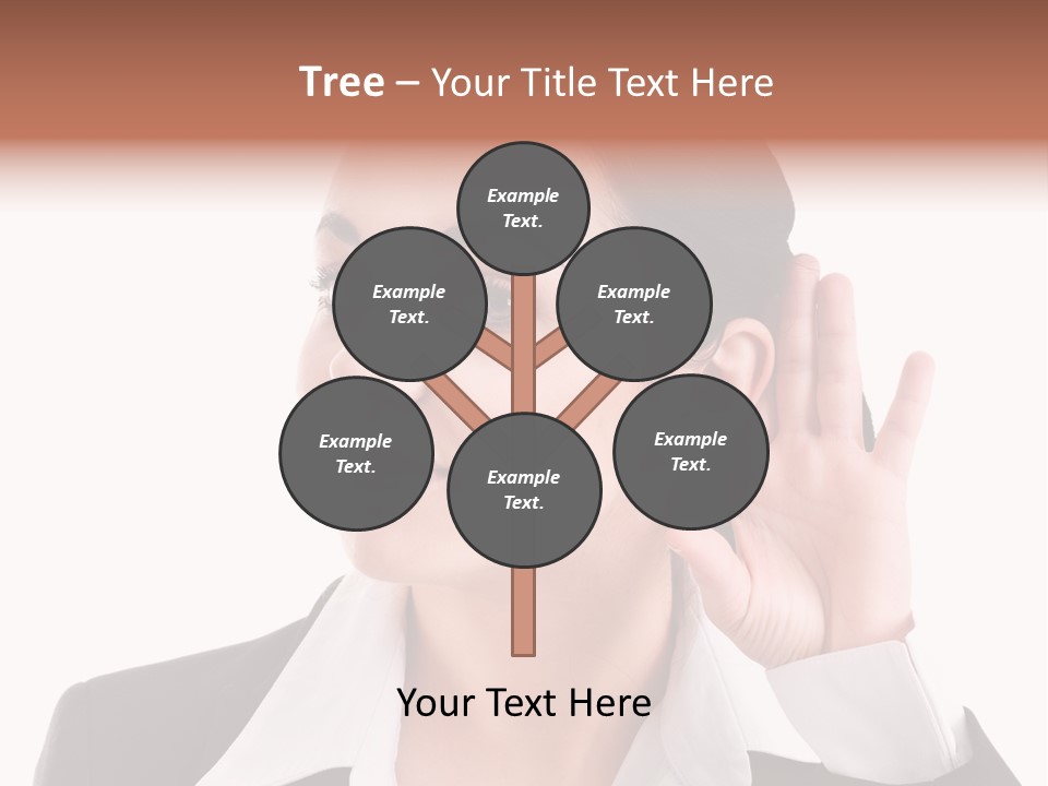 A Woman In A Business Suit Is Holding Her Hand Up To Her Ear PowerPoint Template