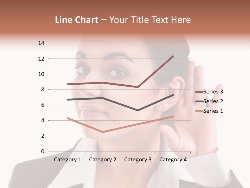 A Woman In A Business Suit Is Holding Her Hand Up To Her Ear PowerPoint Template