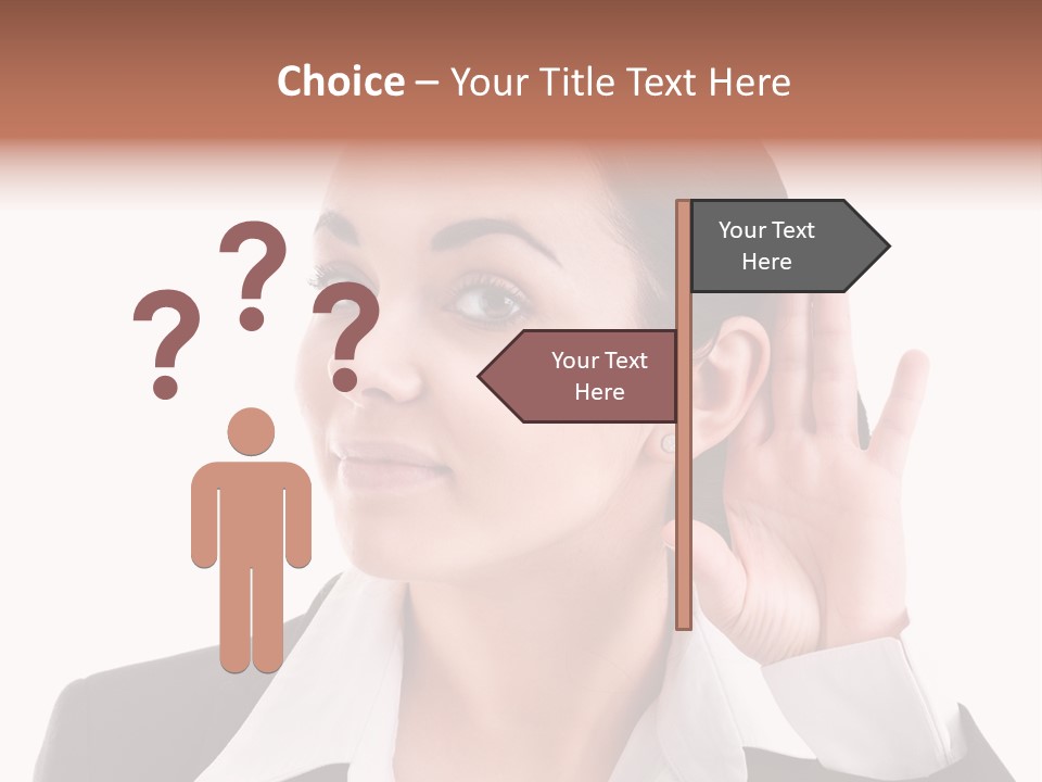 A Woman In A Business Suit Is Holding Her Hand Up To Her Ear PowerPoint Template