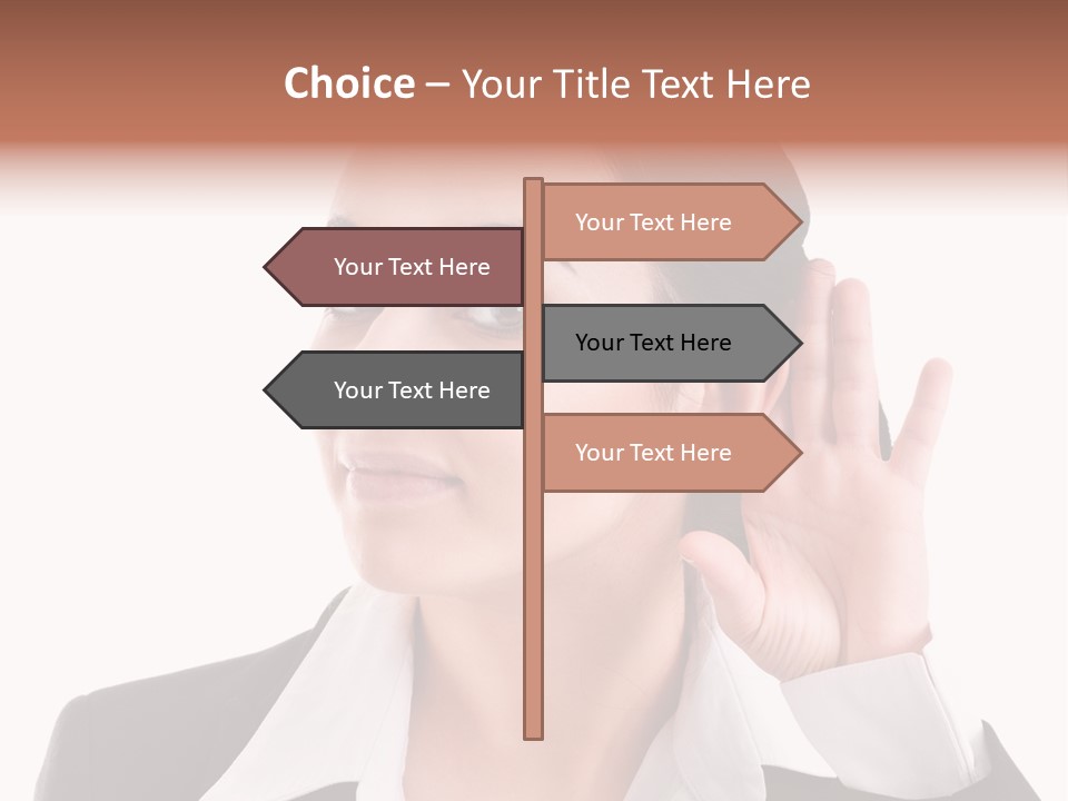 A Woman In A Business Suit Is Holding Her Hand Up To Her Ear PowerPoint Template