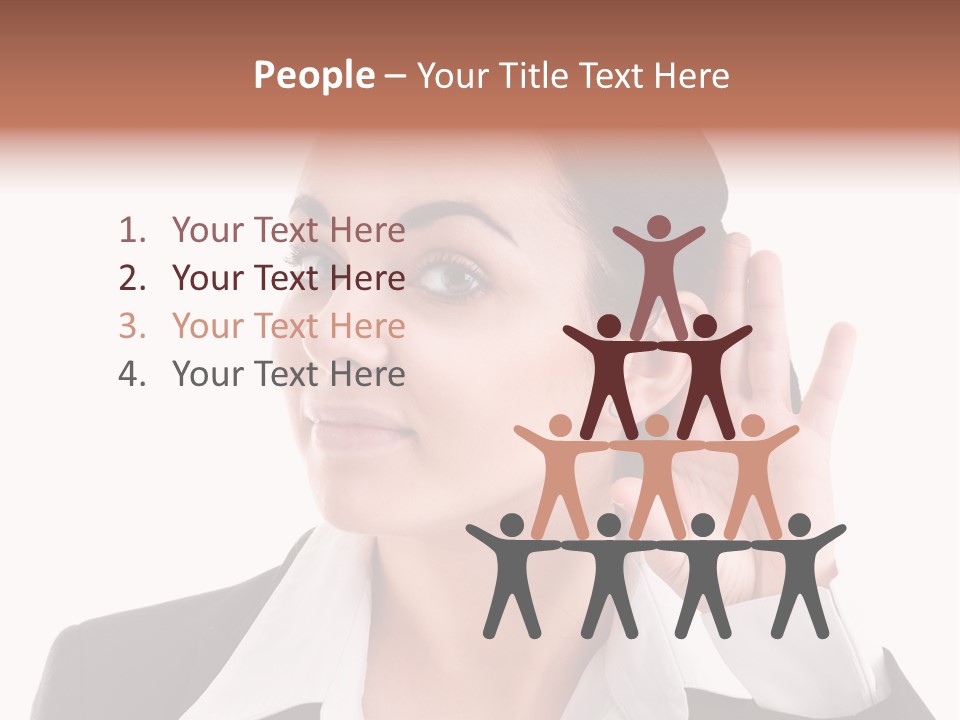 A Woman In A Business Suit Is Holding Her Hand Up To Her Ear PowerPoint Template