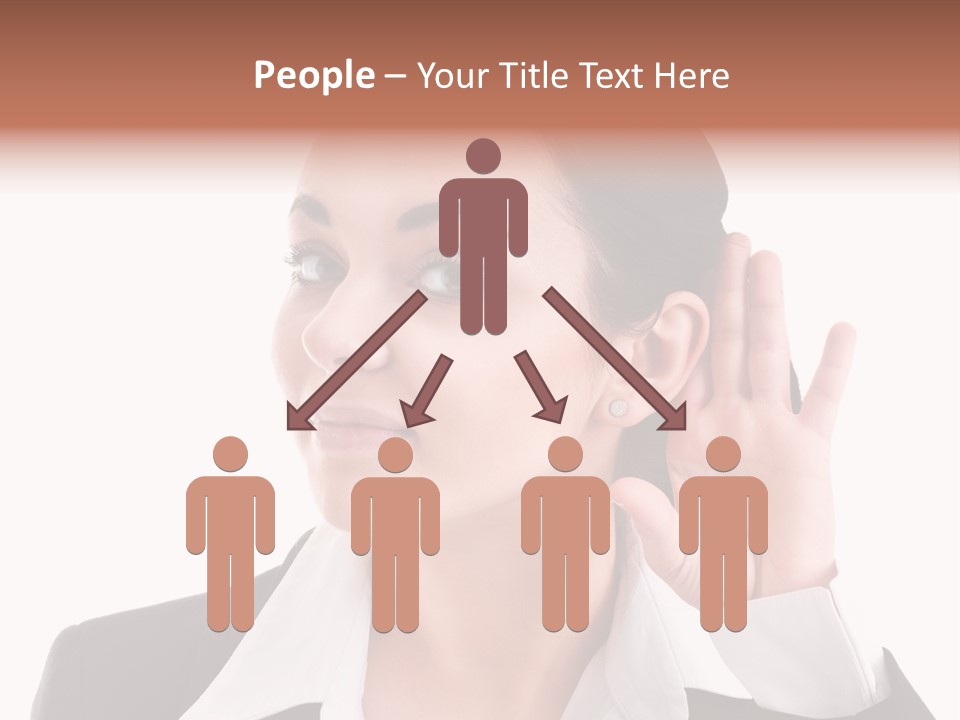 A Woman In A Business Suit Is Holding Her Hand Up To Her Ear PowerPoint Template