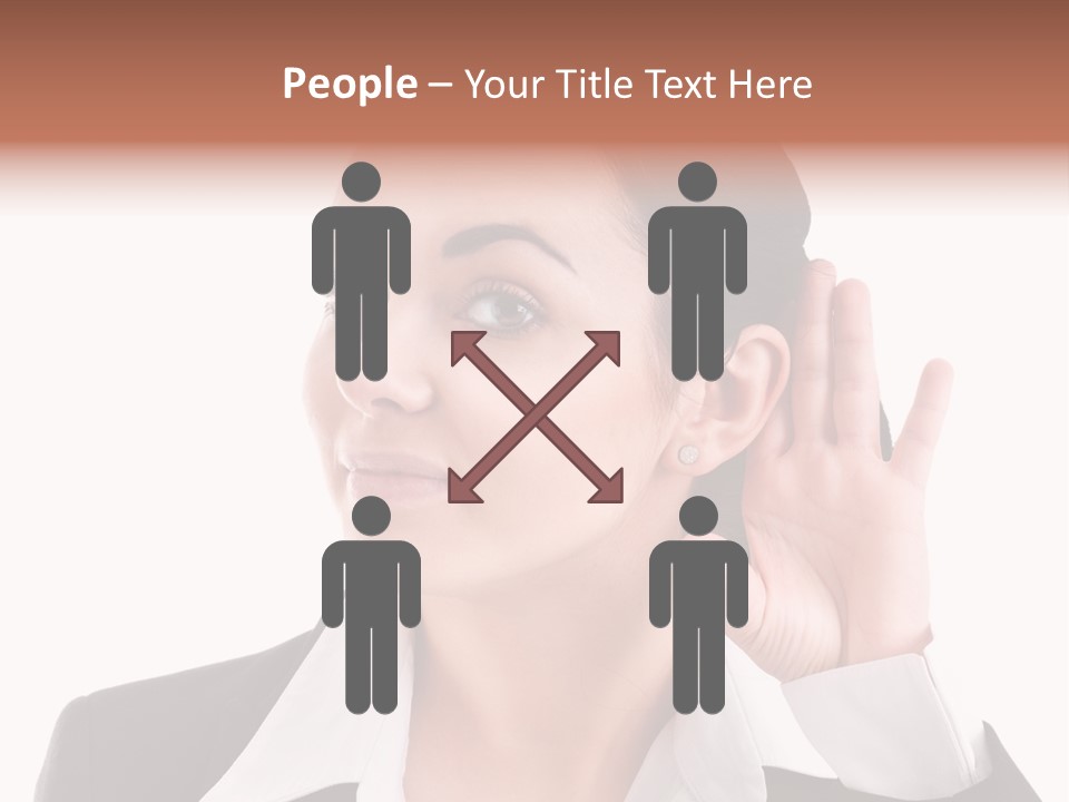 A Woman In A Business Suit Is Holding Her Hand Up To Her Ear PowerPoint Template