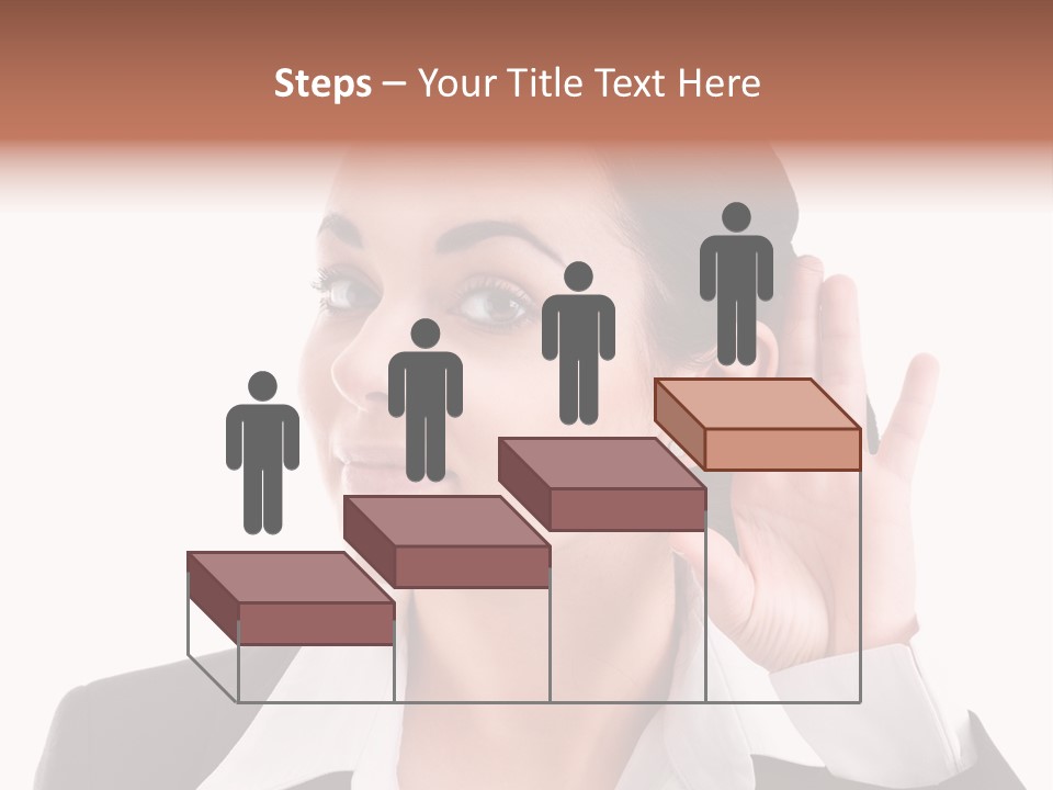 A Woman In A Business Suit Is Holding Her Hand Up To Her Ear PowerPoint Template