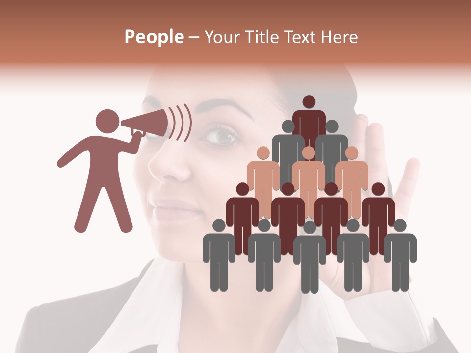 A Woman In A Business Suit Is Holding Her Hand Up To Her Ear PowerPoint Template