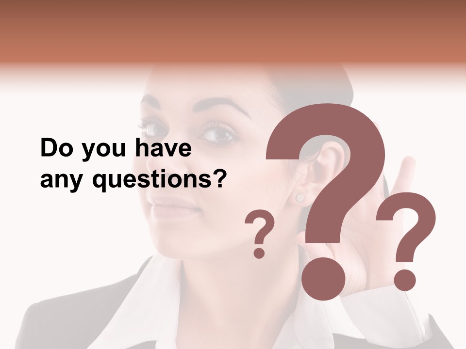 A Woman In A Business Suit Is Holding Her Hand Up To Her Ear PowerPoint Template