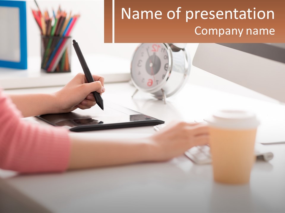 A Woman Writing On A Piece Of Paper Next To A Cup Of Coffee PowerPoint Template