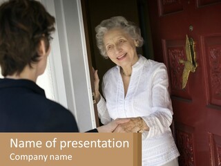 An Elderly Woman Shaking Hands With A Woman In Front Of A Red Door PowerPoint Template