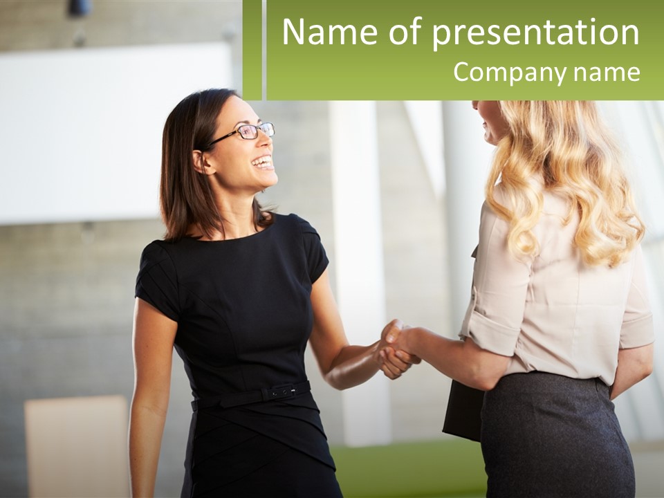 A Woman Shaking Hands With Another Woman In A Black Dress PowerPoint Template