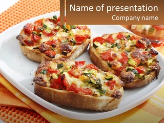 A White Plate Topped With Bread Covered In Toppings PowerPoint Template