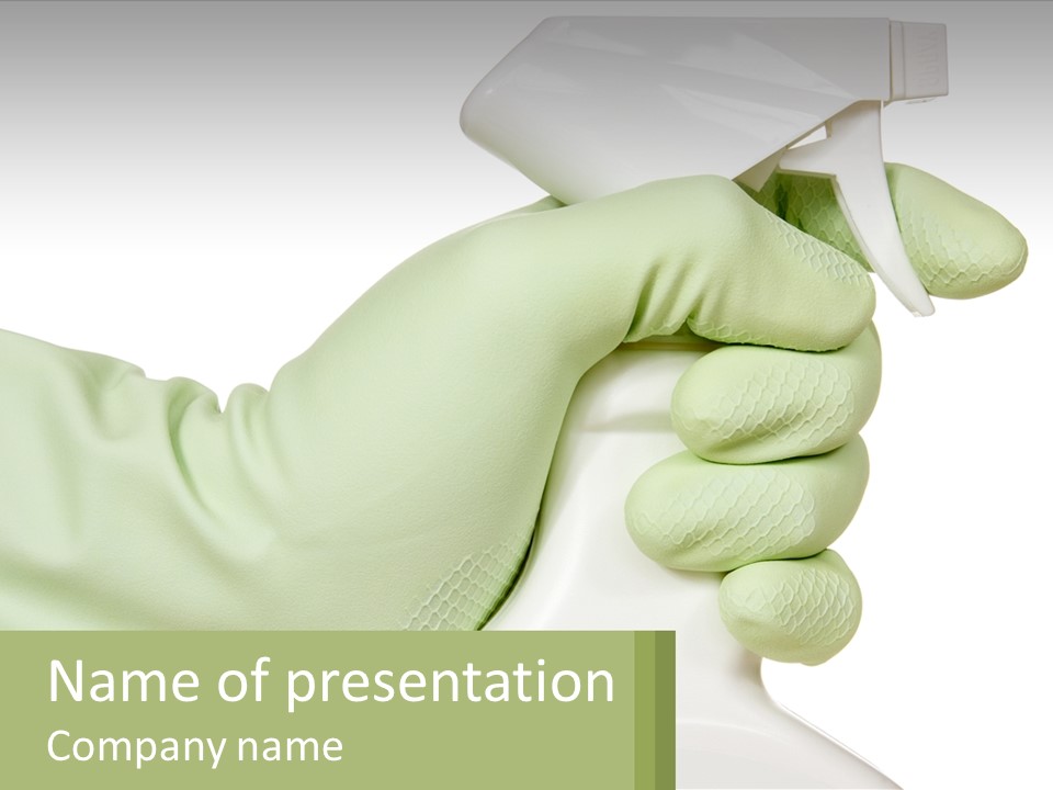 A Green Gloved Hand Holding A White Bottle Of Liquid PowerPoint Template