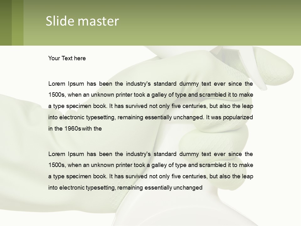 A Green Gloved Hand Holding A White Bottle Of Liquid PowerPoint Template