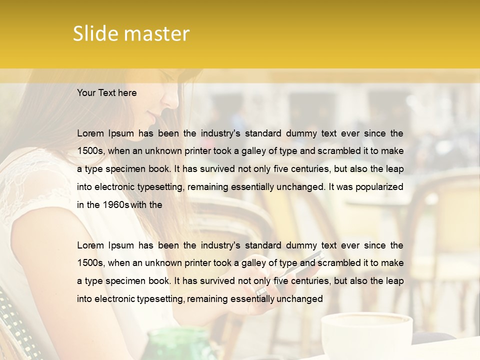 A Woman Sitting At A Table Using A Cell Phone PowerPoint Template