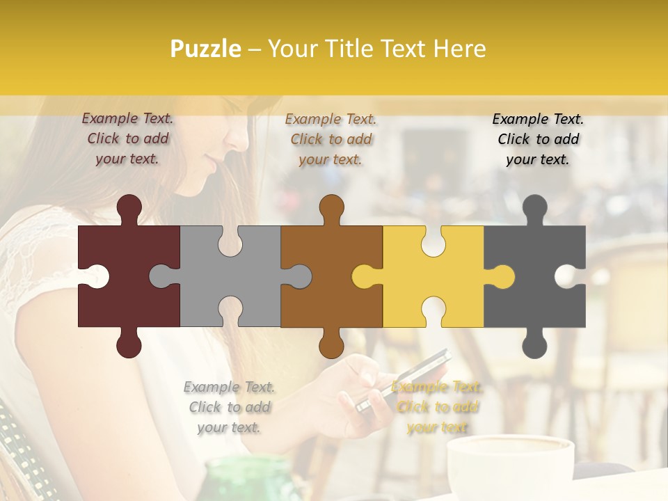 A Woman Sitting At A Table Using A Cell Phone PowerPoint Template