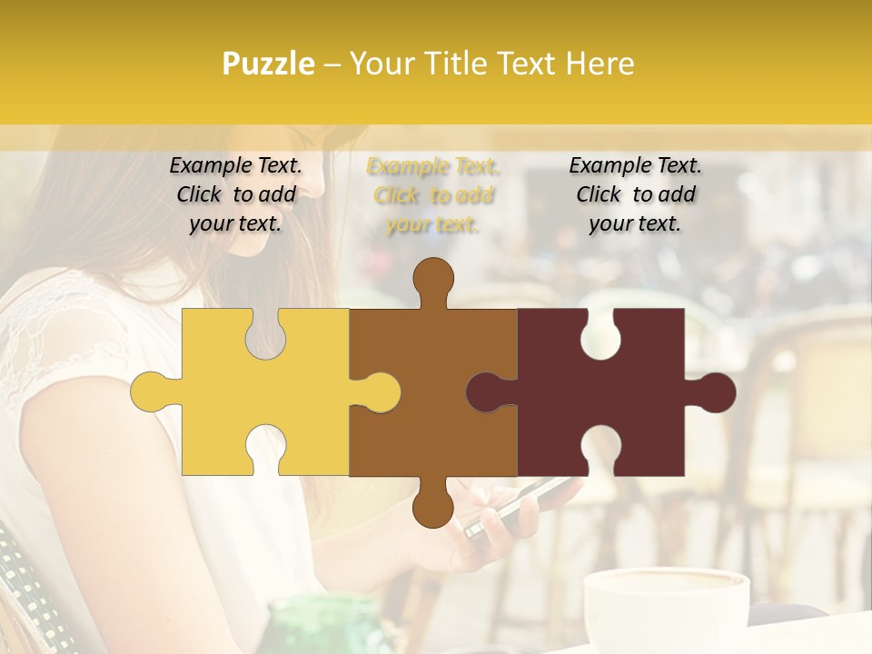 A Woman Sitting At A Table Using A Cell Phone PowerPoint Template