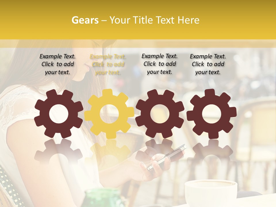 A Woman Sitting At A Table Using A Cell Phone PowerPoint Template