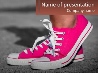 A Person's Feet In Pink Sneakers With White Laces PowerPoint Template