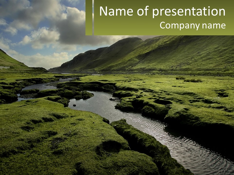 A River Running Through A Lush Green Valley PowerPoint Template