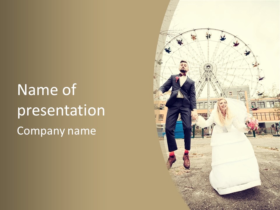 A Man And A Woman In Wedding Clothes Are Running In Front Of A Ferris Wheel PowerPoint Template